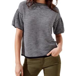LOFT Black White Striped Cotton Short Flutter Sleeve Bateau Neck Top Size XS